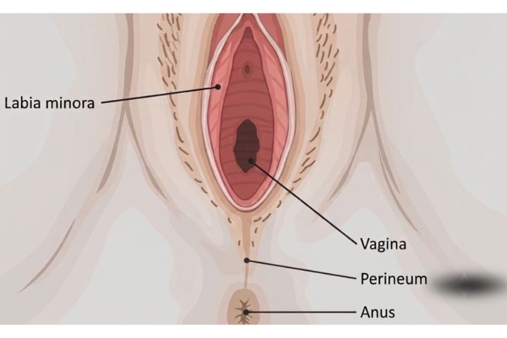 Diagram showing the location of the female perineum between the vagina and anus.