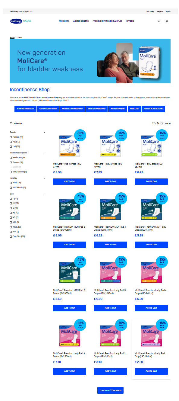 HARTMANN Direct online shop displaying MoliCare® continence care products.