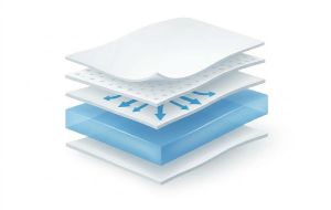 Illustration of MoliCare® absorbent technology, including anatomical fit, SkinGuard®, rapid fluid acquisition, cellulose, super absorbent polymer and transfer layer.