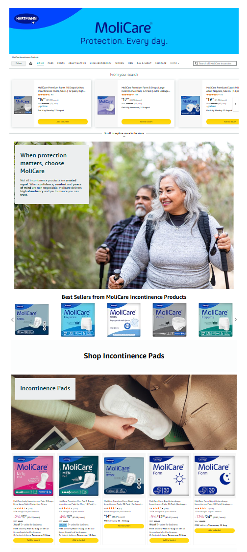 MoliCare® Amazon Store displaying a range of continence care products.