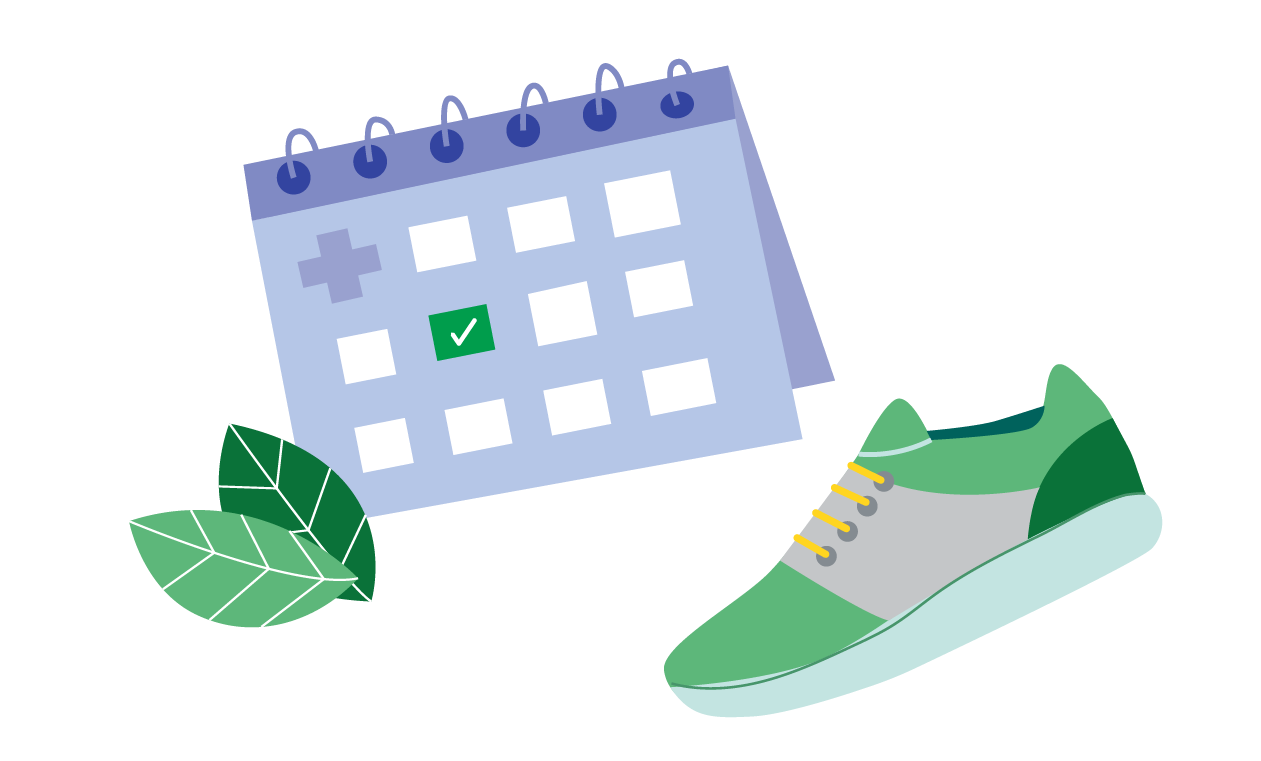 Illustration of some fruits next to a calendar and a sports shoe.