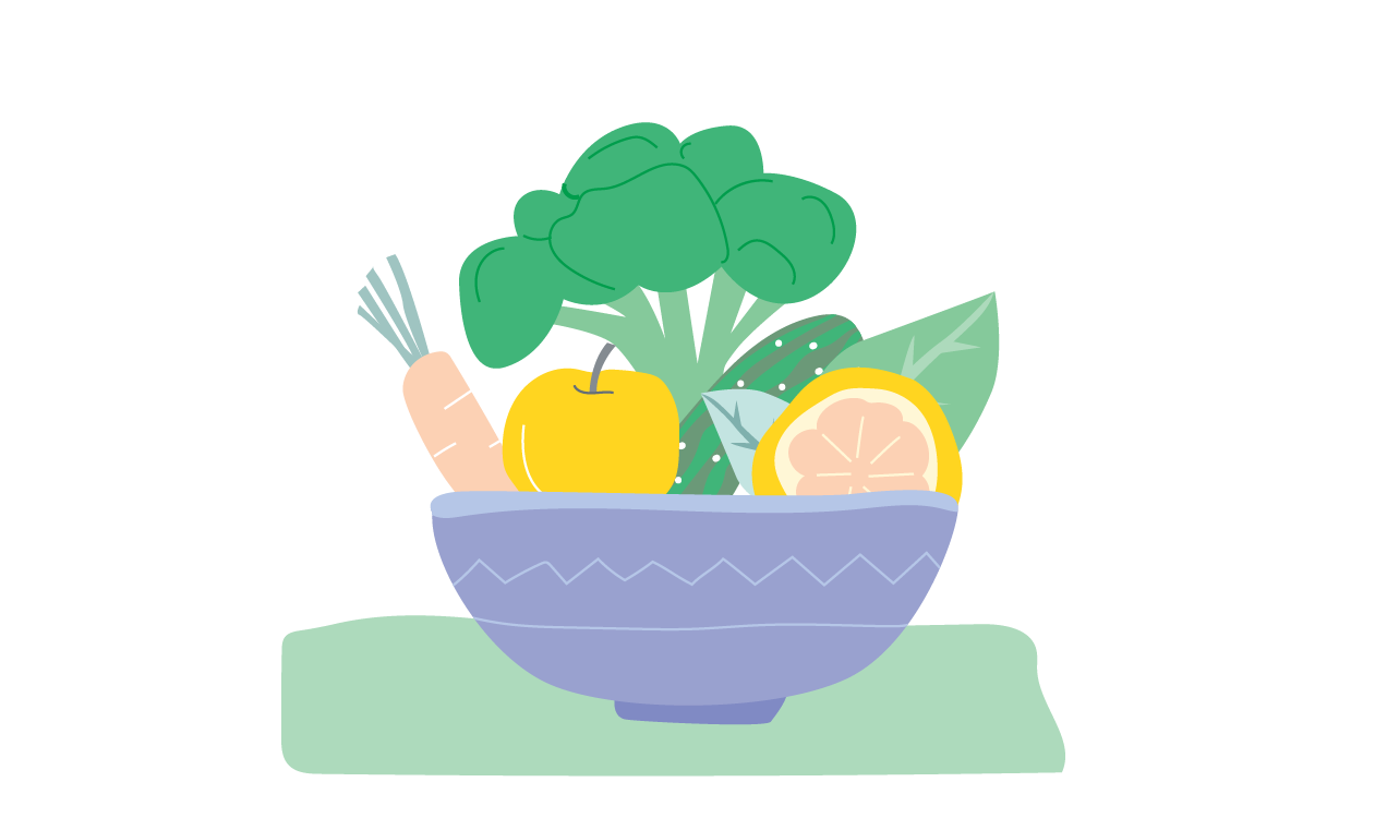 Illustration of a bowl with fruit and vegetables.