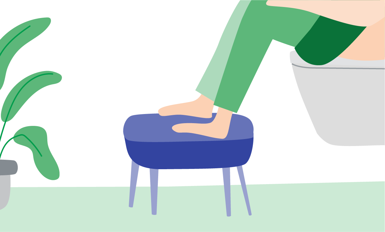 Illustration of a person sitting on a toilet and putting their feet on a stool.